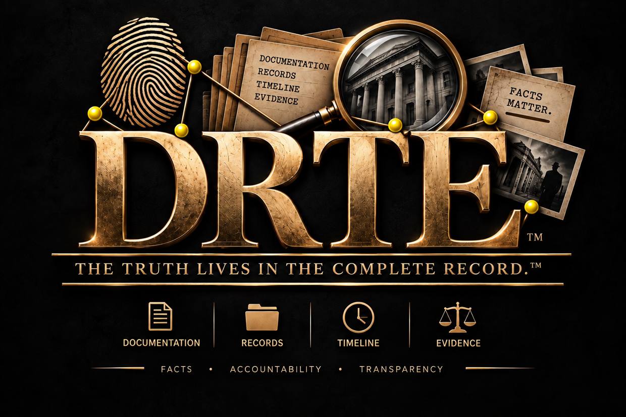 Gold DRTE artwork with a fingerprint, records and magnifying glass. The Truth Lives in the Complete Record. Documentation. Records. Timeline. Evidence. Facts, Accountability, Transparency.