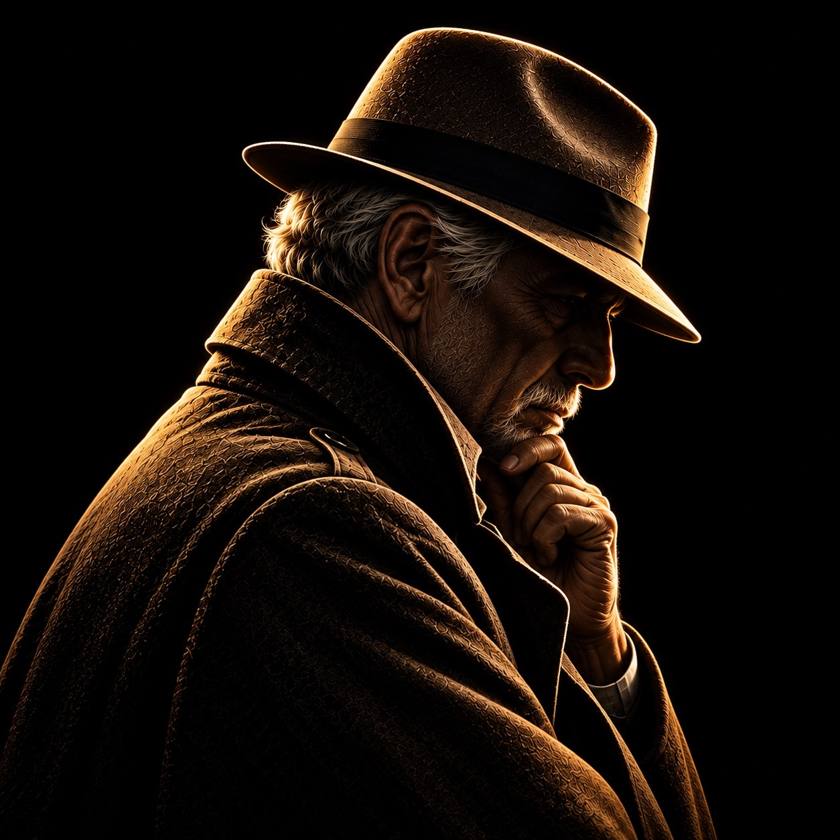 Illustration of a thoughtful detective in a gold-lit hat, pausing with his hand at his chin.